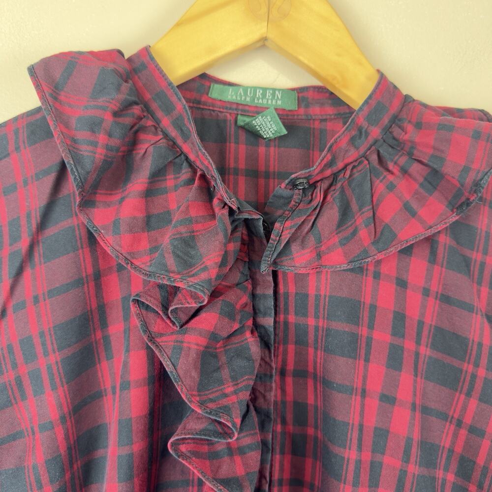Lauren Ralph Lauren Buffalo Plaid Ruffle Shirt Top Long Sleeve Women’s Size L - Picture 3 of 13
